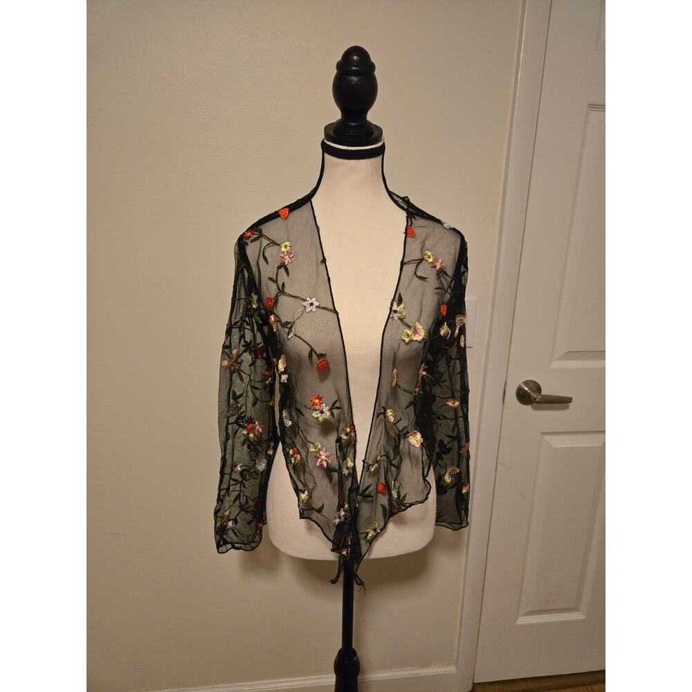 Reverse Floral Embroidered Lace Mesh Open Front Tie Crop Cardigan